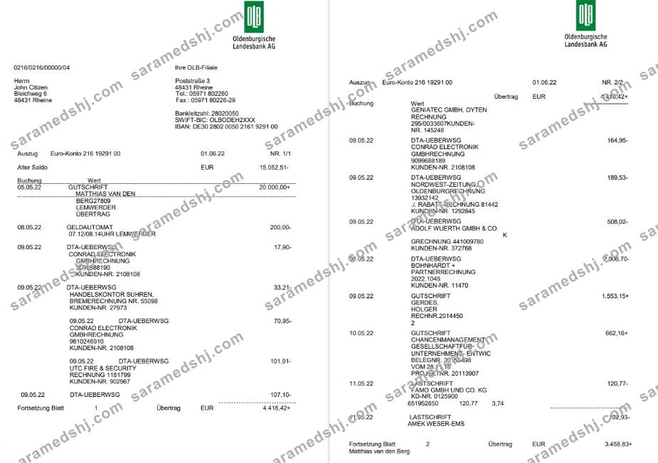 Germany Oldenburgische bank statement on Deutsch, 3 pages